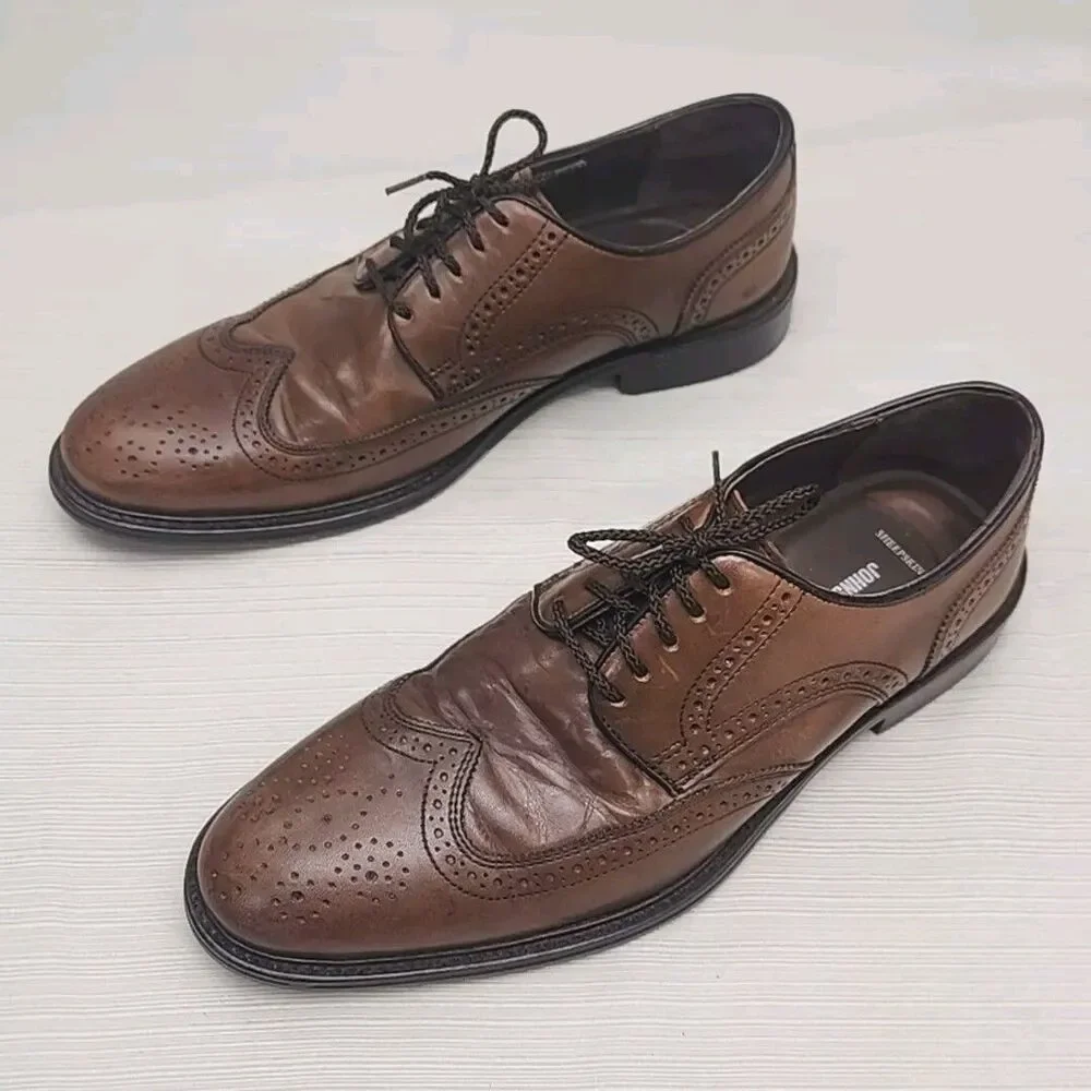 Johnston & Murphy Dress Shoes Wingtip Oxfords Brown Men Sz 8.5 Sheepskin Leather